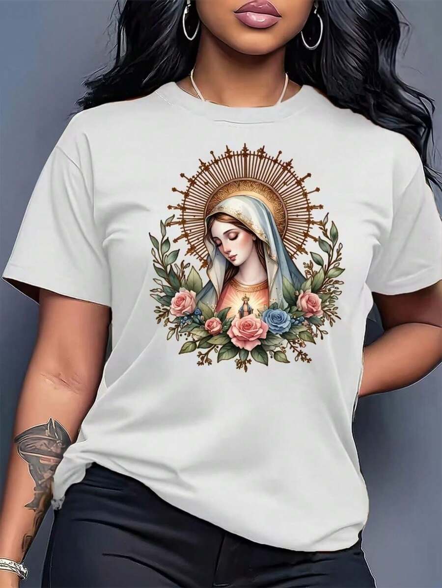 Camiseta blanca de manga corta para mujer con estampados de retratos religiosos, cuello redondo, diseño casual microelástico suave y adaptable, fresca y transpirable, estilo de moda con personalidad deslumbrante, adecuada para uso diario casual, cómoda y relajada. - Blanco - Ver 1