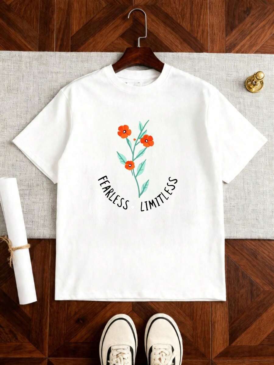 Casual Style T-Shirt With Floral Design And "Fearless Limitless" Text For Everyday Use, For Friends And Family, Pants Not Included. - White - View 1