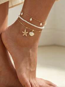 3pcs Natural Seashell & Starfish Beaded Anklet, Versatile Beach Vacation Style For Women - Multicolor - View 2