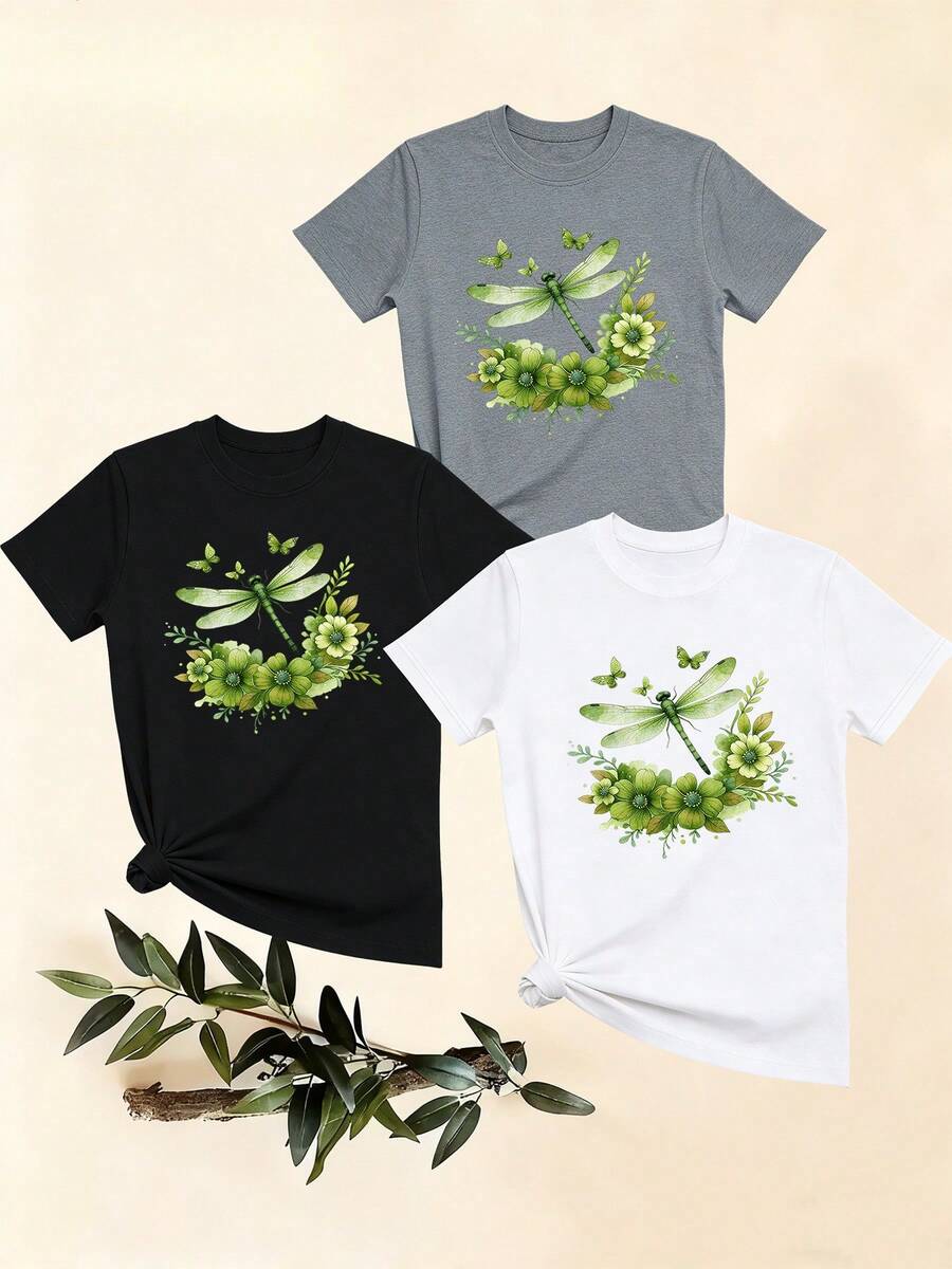 Women's T-Shirts, Women's T-Shirts, Casual One-Piece T-Shirt With Dragonfly And Flower Print, Comfortable And Breathable Women's Top. - 1件白色隨機圖案 - 查看 1