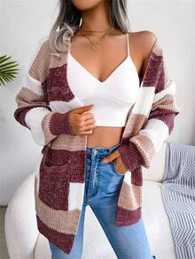 Women's Striped Cardigan Sweater Fall Winter Color Block Long Sleeve Puff Sleeve Open Front Knit Jacket With Pockets - 酒紅色 - 查看 3