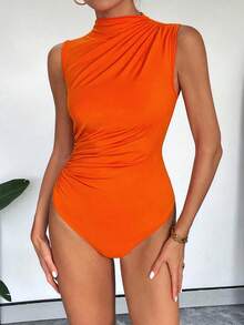 Body sin mangas para mujer con cuello alto y pliegues casuales de verano - Naranja - Ver 1