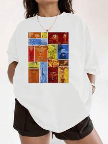 Colorful Illustration Depicting Various Animated Characters Divided Into Panels, Showcasing Energy, Creativity, And Fun With Balanced Warm And Cool Tones. Comfortable And Modern Casual Women's T-Shirt For Everyday Wear - 白色 - 查看 6
