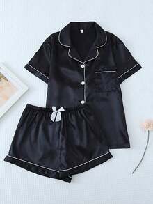 Conjunto de pijama de 2 piezas con camisa de manga corta con solapa y pantalones cortos con moño, ropa de dormir para mujer, conjunto de dos piezas - Negro - Ver 9