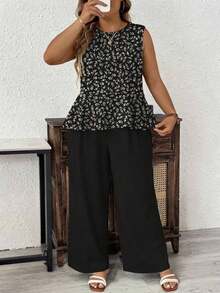 LUNE Conjunto de 2 Piezas para Mujer Talla Grande, Camisola de Verano de Color Sólido con Cuello Redondo y Volantes en el Bajo y Pantalón de Pierna Ancha Holgado - Multicolor 5 - Ver 7