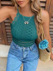 Camiseta de tirantes de mujer con cuello halter, hombros descubiertos y entredós de encaje - Agua verde azul - Ver 5