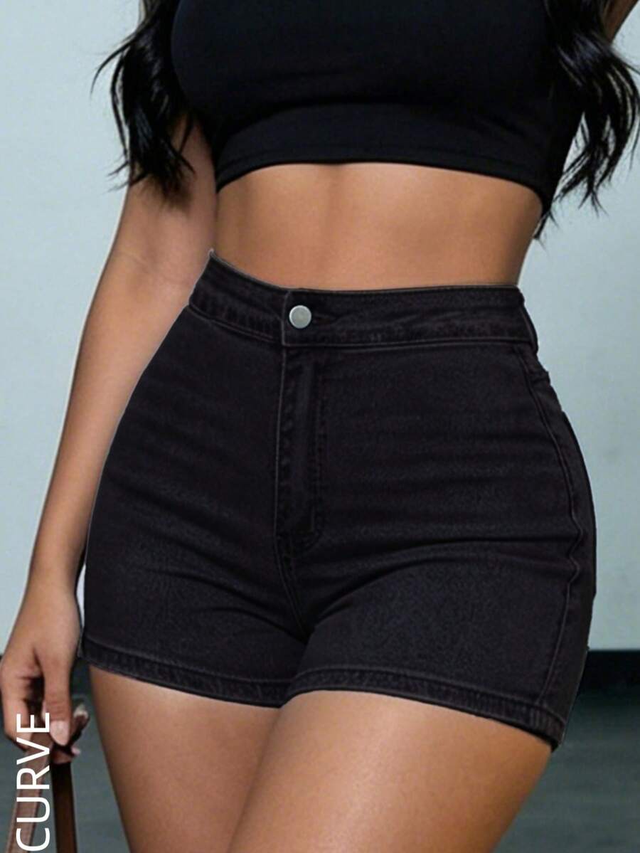 Plus Size Women's Mid Waist Medium Stretch Skinny Fit Denim Shorts, Curve Bodycon Jean Hot Pants - 黑色 - 查看 1