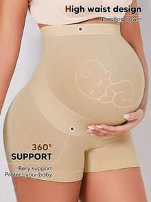 Pantalones cortos de maternidad con cintura alta y panel de soporte abdominal expandible, adecuados para yoga, entrenamiento y uso durante el embarazo en Navidad - Beis - Ver 7