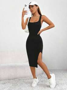 Vestido casual de verano para mujer con parte superior de tirantes básica a rayas y abertura - Negro - Ver 1