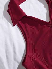 Blusa de mujer de moda casual y elegante con cuello polo, cuello vuelto, ajuste ceñido y escote en V sin espalda y sin mangas - Burdeos - Ver 4