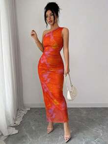 Vestido de noche de lujo para mujer, vestido sexy sin mangas con cuello asimétrico y estampado de teñido anudado - Naranja - Ver 4