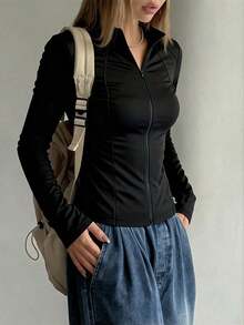 Chaqueta de manga larga ajustada con cuello alto elástico de unicolor para mujer, casual y deportiva, para primavera/otoño - Negro 6 - Ver 4