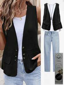 Chaqueta/chaleco casual con bolsillos y decoración de unicolor para mujer - Negro - Ver 1
