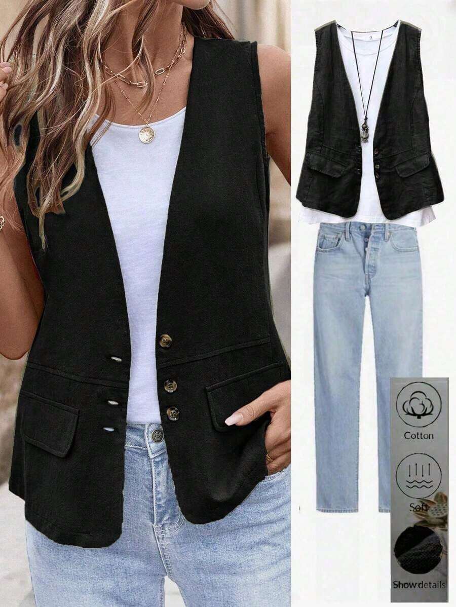 Chaqueta/chaleco casual con bolsillos y decoración de unicolor para mujer - Negro - Ver 1