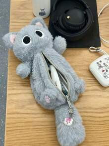 1pc Large Capacity Grey Cat Plush Pencil Case - Soft And Thick Polyester Zipper Pencil Pouch, Cute Cartoon Design, Perfect For School And Office Supplies Storage, Pencil Case, Small Bag, Learning Supplies, Office Supplies, Christmas, Halloween, Christmas Gift Stocking, Halloween Gift, Cute Learning Supplies - Multicolor - View 1