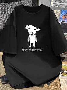 Ganadi, Women's Short Sleeve Drop Shoulder T-Shirt, Cute And Soft, With Fun Korean Style Puppy Print, Unique Design, Daily Wear T-Shirt For Students, A Very Distinctive Printed T-Shirt / Unisex Style / Suitable For Both Men And Women / Wrinkle Resistant / Breathable. - 黑色 - 查看 8