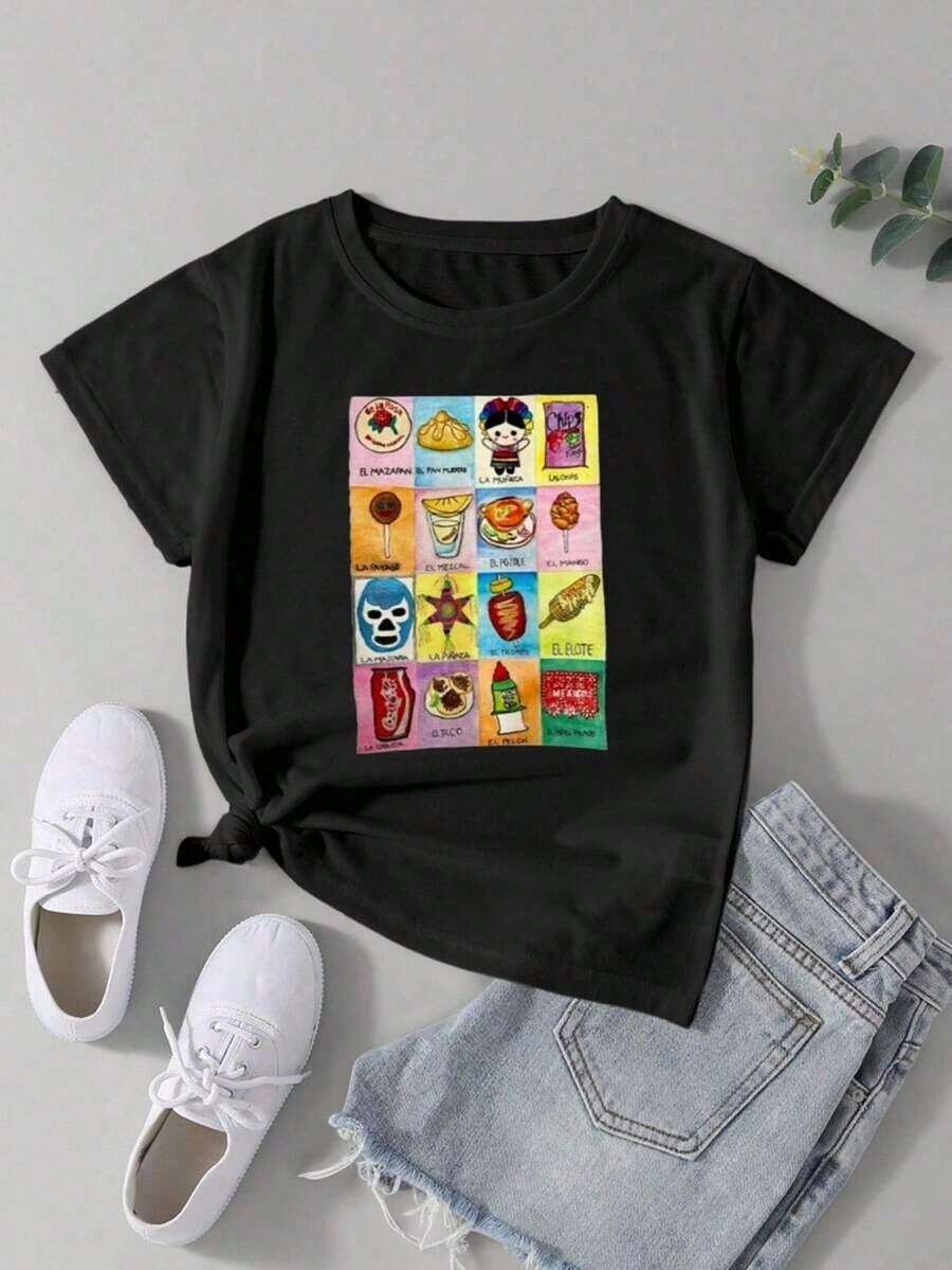 Women's Casual White Cotton T-Shirt, Loose Fit, Round Neck, Short Sleeves, Spring/Summer, Everyday Wear, With A Typical Mexican LOTERIA 2 Design. 100% Cotton - 黑色 - 查看 1