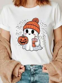 Halloween, Day Of The Dead Women's Plus Size Graphic T-Shirt - Pumpkin And Bat Print, Loose Fit With Short Sleeves And Crew Neck, Breathable Sweat-Wicking Fabric, Unisex Gift For Spring, Summer And Year-Round Wear - 白色 1 - 查看 1