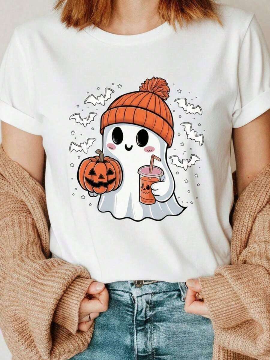 Halloween, Day Of The Dead Women's Plus Size Graphic T-Shirt - Pumpkin And Bat Print, Loose Fit With Short Sleeves And Crew Neck, Breathable Sweat-Wicking Fabric, Unisex Gift For Spring, Summer And Year-Round Wear - 白色 1 - 查看 1