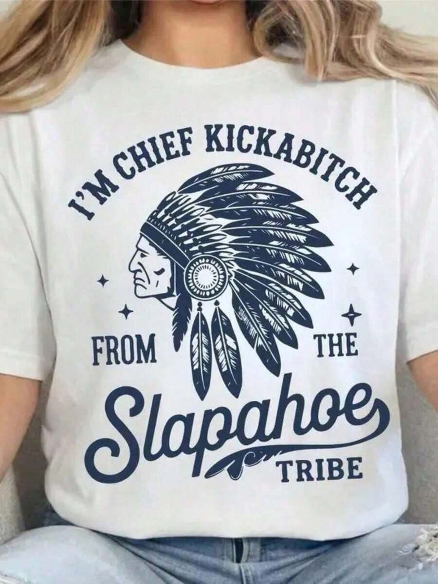 1 CHIEF KICKABITCH DE LA TIBIRA SLAPAHOE T-Shirt, Funny T-Shirt, Vintage Tropical Holiday Clothing, Blouses For Women, 180g 100% Cotton. - 白色 - 查看 1