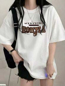Playera blanca para mujer cuello redondo manga corta, modelo nuevo de verano con estampado de letras.Corte holgado súper chido y muy versátil, estilo casual juvenil.Tela fresca y cómoda, ideal para uso diario, salidas y combinar con cualquier prenda para lucir un look moderno y de . EEA9 - Blanco - Ver 8