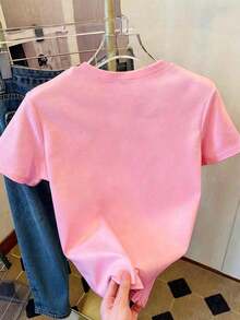 Plus Size Women's Short-Sleeved T-Shirt With A Round Neck And Heart Print, Suitable For Spring And Summer, A Good Choice For Everyday Wear, With Comfortable And Breathable Fabric. Casual Black Color - Rose - View 2