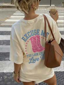 Camiseta de manga corta con cuello redondo y estampado personalizado de botas rojas de verano para mujer, estilo occidental.Camiseta casual de mujer con estampado rosa - Albaricoque 2 - Ver 7