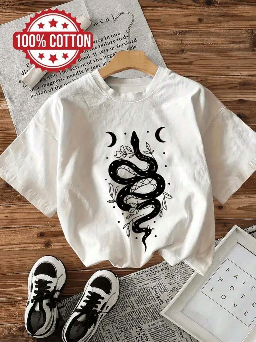 Snake Graphic Print T-Shirt, 220g, 1 Piece, Women's Casual T-Shirt 100% Cotton, Mystic Moon Phase Floral Style, Stylish Streetwear - 白色 - 查看 1