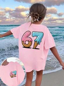 Girls' Loose-Fitting Round Neck T-Shirt, Pink With Donut And Ice Cream Print "67" On The Front And Back, Breathable Casual T-Shirt For Everyday, School And Beach Wear. - 粉色 - 查看 1