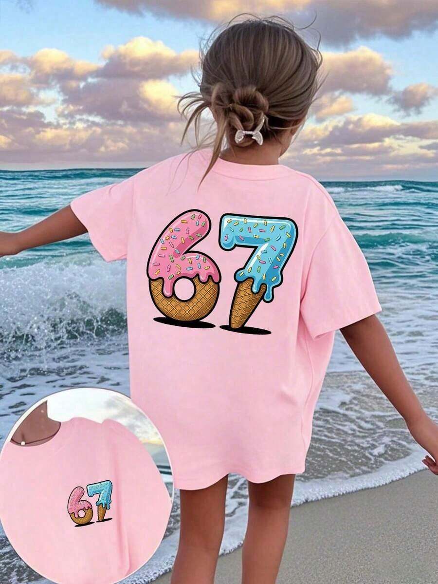 Girls' Loose-Fitting Round Neck T-Shirt, Pink With Donut And Ice Cream Print "67" On The Front And Back, Breathable Casual T-Shirt For Everyday, School And Beach Wear. - 粉色 - 查看 1
