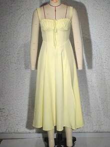 Mujeres Temperamento Moda Senior Sentido Francés Tirantes Suave Viento Vestidos Largo Dividido, Mujeres Temperamento Elegante Sexy Tirantes Vestido Elástico, conjuntos elegantes de mujer falda,Suave y Cómodo Tejido Agradable a la Piel, Adecuado para Banquetes, Asistir a Eventos, Hospedaje, Playas, Viajar Sesiones de Fotos, Fotografía de Calle, Trabajo y Uso Casual Diario. - Amarillo - Ver 5