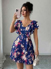 Vestido elegante y romántico para vacaciones con cuello en V con volantes, cintura ceñida y estampado de lunares en forma de línea A para mujeres - Multicolor 4 - Ver 1