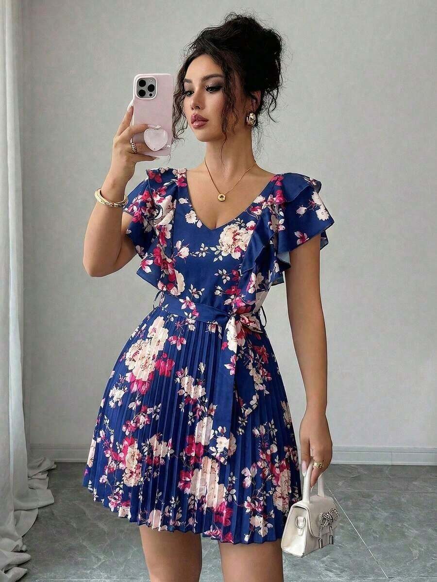 Vestido elegante y romántico para vacaciones con cuello en V con volantes, cintura ceñida y estampado de lunares en forma de línea A para mujeres - Multicolor 4 - Ver 1