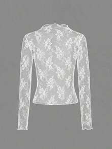Blusa negra sexy de manga larga con encaje elástico para mujer , con cuello alto, patrón floral transparente, elegante y con capas, ideal para primavera-verano, resort y citas - Blanco y Negro - Ver 6