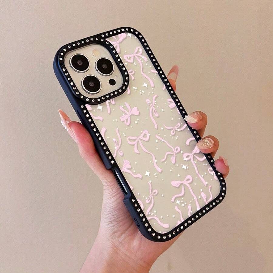 Funda para Teléfono - Funda de teléfono de doble cara a la moda con diseño de lazo rosa, con apariencia transparente e incrustaciones de diamantes, compatible con varios modelos de Apple , incluyendo las versiones Pro Max y Plus.Adecuado para varios modelos de : 17, 16, 15, 14, 13, 12, 11, Plus, Air, Pro Max. - transparente - Ver 1