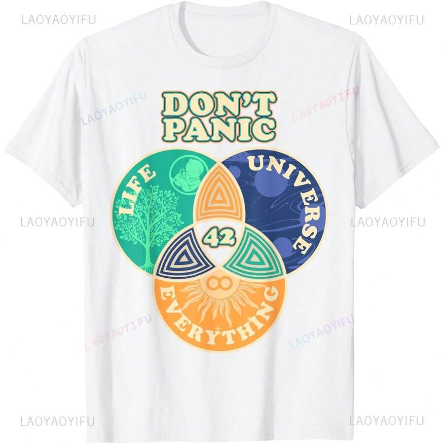 Camiseta de manga corta de punto informal para mujer con estampado "Don't Panic", cuello redondo y corte regular para un estilo casual para el día a día. - Blanco - Ver 1