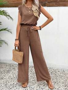 Conjunto de 2 piezas de blusa con ribete de encaje de unicolor y pantalones de pierna ancha para mujer, casual para vacaciones y viajes, primavera/verano - Café integral - Ver 3