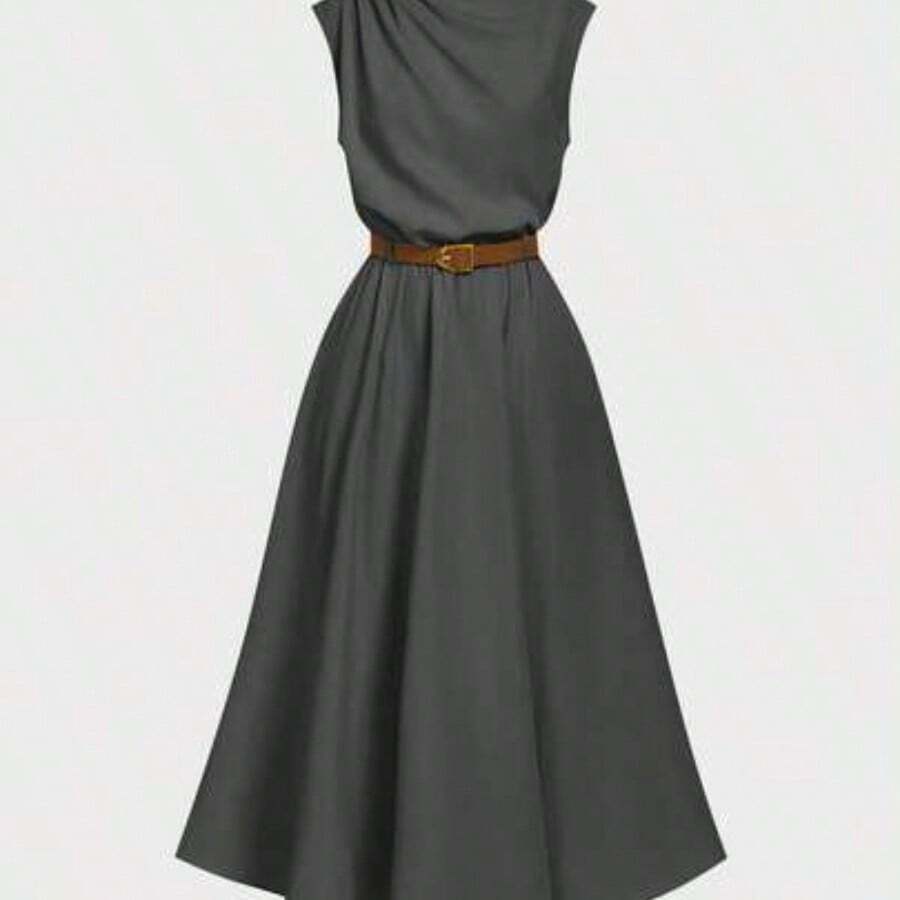 MOD Women's Solid Color Sleeveless Dress (With Belt), Back To School Season, Olive Dress - Gris - Ver 1