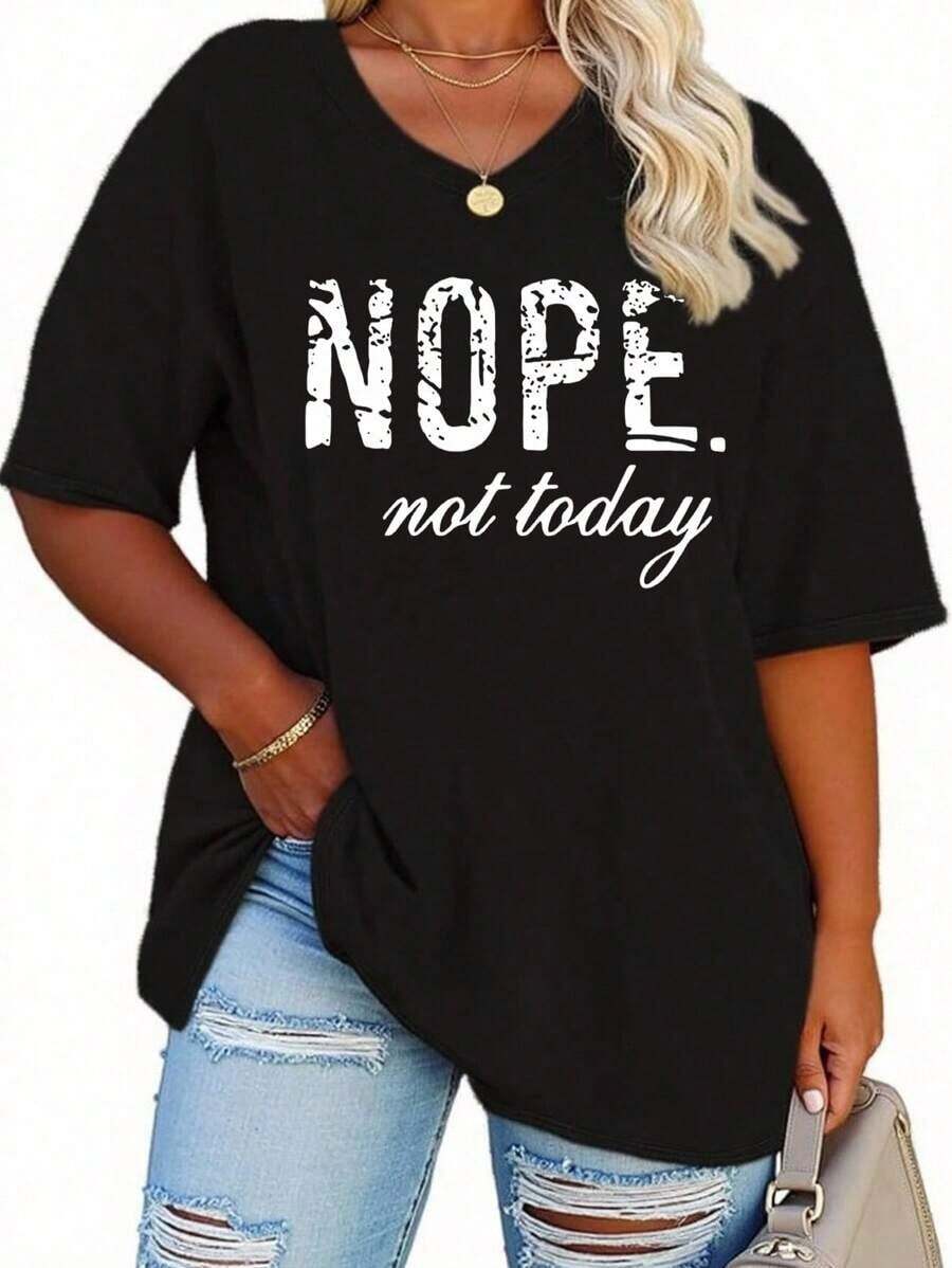 Camiseta de manga corta con cuello en V amplio y estampado de eslogan, adecuada para primavera y verano, ropa de mujer, camisetas gráficas, tops de mujer, estilo casual. - Negro - Ver 1