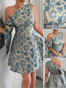 Vestido mini asimétrico de hombro con cintura recogida, decoración de lazo y tela jacquard, elegante para fiesta/cita, primavera/verano - Azul - Ver 1