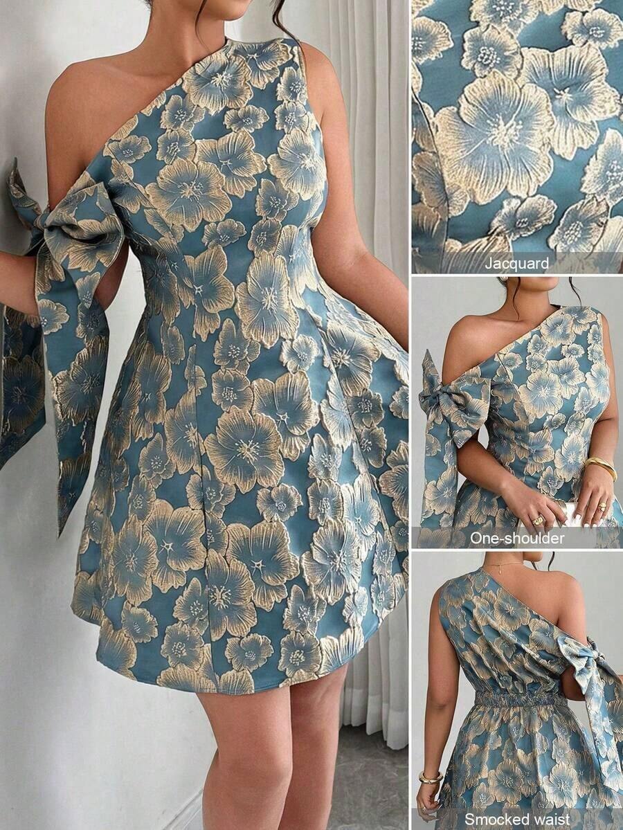Vestido mini asimétrico de hombro con cintura recogida, decoración de lazo y tela jacquard, elegante para fiesta/cita, primavera/verano - Azul - Ver 1