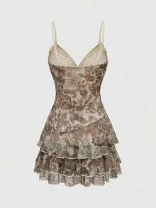 ROMWE Vestido mini con estampado de paisley, volantes, cinta y encaje inspirado en el estilo hippie vintage para mujer - Albaricoque - Ver 2