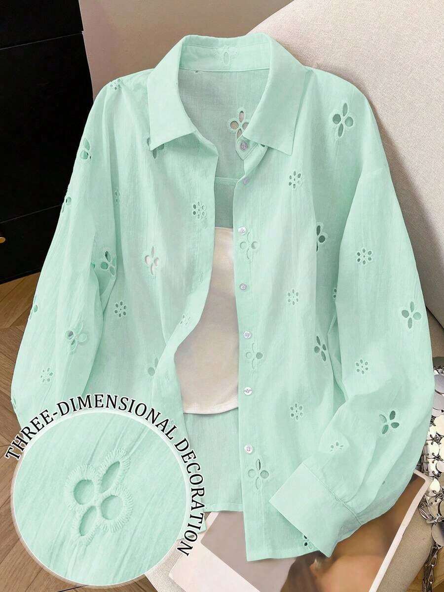 Camisa casual de mujer de manga larga con bordado calado y abotonadura sencilla - Verde - Ver 1