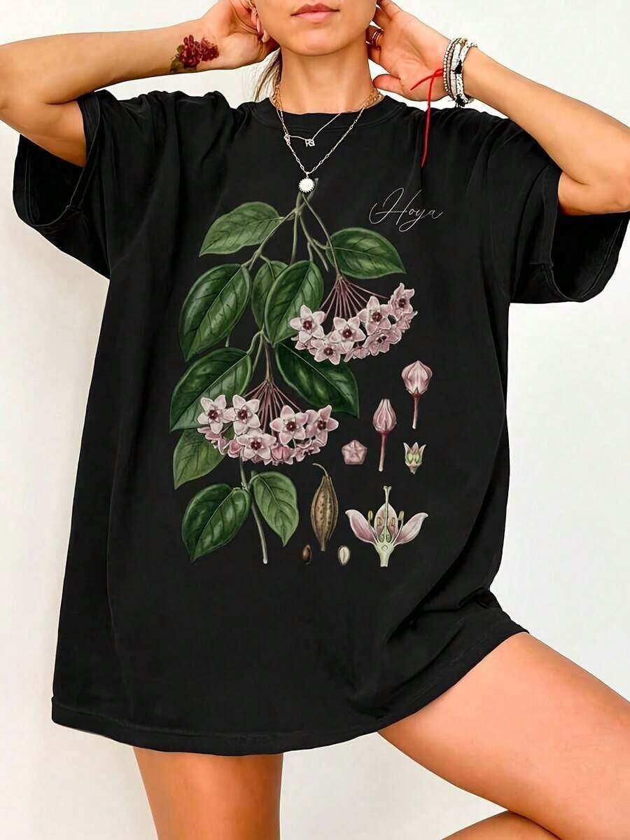 Women's 100% Cotton Casual Printed T-Shirt - Orchid Floral Print T-Shirt - Countryside Plant Anatomy Design, Suitable For Indoor Plant Lovers, A Gift For Plant Enthusiasts, Casual Plant-Themed Clothing, Machine Washable, Suitable For Everyday Wear And Year-Round Style. Summer Tops 2026, Men's Casual Clothing, Summer Tops Suitable For Spring, Summer And Autumn - 黑色 - 查看 1