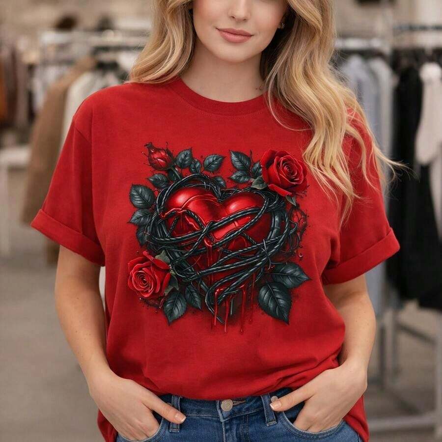 Camiseta de Algodón con Estampado de Corazón y Rosa para Mujer, Tallas Grandes, M-5XL, Camiseta Casual de Manga Corta, Estilo Oversize, Estampado Gótico Vintage, Ajuste Holgado y Cómodo, Diseño de Espinas de Rosa Roja, Top de Moda de Tallas Grandes para Uso Diario, Adecuada para primavera, verano y otoño. - Rojo - Ver 1