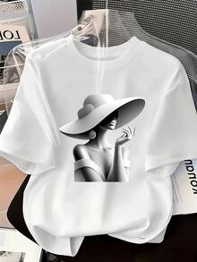 Camiseta Blanca Monocromática con Figura de Mujer Ornamentada y Cuentas de Perlas - Manga Corta Casual para Uso Diario, Fiestas, Festivales y Compras - Blanco - Ver 1