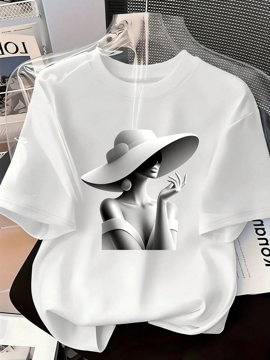 Camiseta Blanca Monocromática con Figura de Mujer Ornamentada y Cuentas de Perlas - Manga Corta Casual para Uso Diario, Fiestas, Festivales y Compras - Blanco - Ver 1