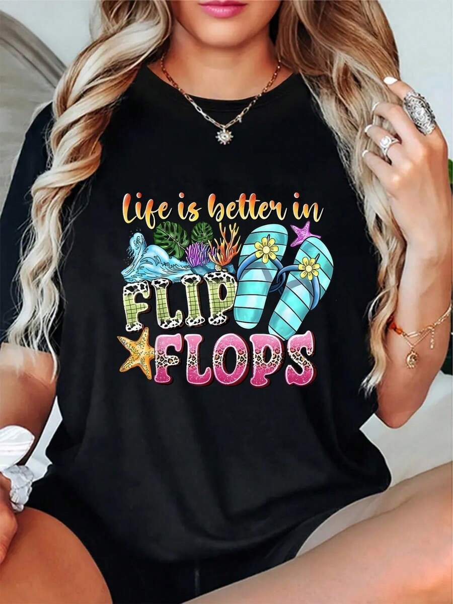 Talla Grande, Camiseta Gráfica de Mujer con Diseño de Chanclas, Ideal para Verano y Playa, con Diseño Vibrante de Chanclas, Cuello Redondo Suave, Lavable a Máquina, Ropa Casual de Verano, Estilo Divertido, Moda de Temporada, Diseño Retro, Ajuste Cómodo, Camiseta de Manga Corta 100% Algodón - Negro - Ver 1