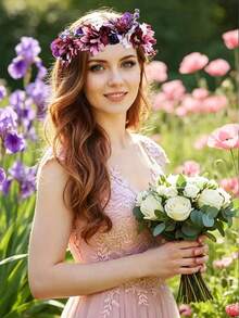 1pc Purple And Blue Floral Wreath, Bohemian Style Flower Crown Headpiece, Wedding Bridal Hairband, Suitable For Wedding, Beach, Festival, Photography, Women's Hair Accessory - View 5
