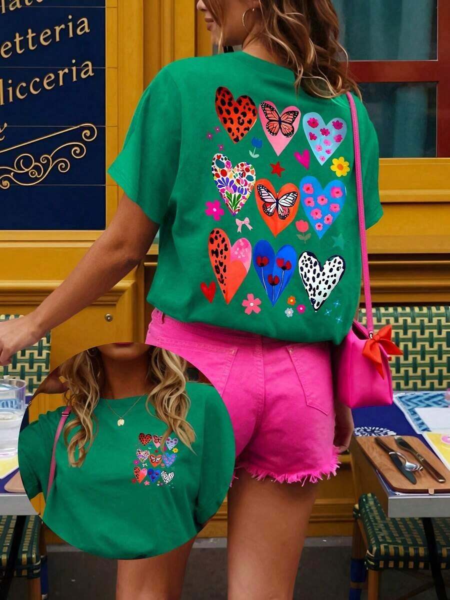 Camiseta de mujer, camiseta de manga corta con gráfico de estilo casual de calle, top de verano lindo - Verde - Ver 1